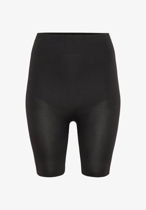Svarta högmidjade shapewear-shorts med en slät, glänsande yta och ribbat mönster över materialet, som slutar strax ovanför knäet.