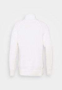 Pull en maille blanche à col roulé avec manches longues, poignets et ourlet côtelés, vu de dos sur un fond uni.