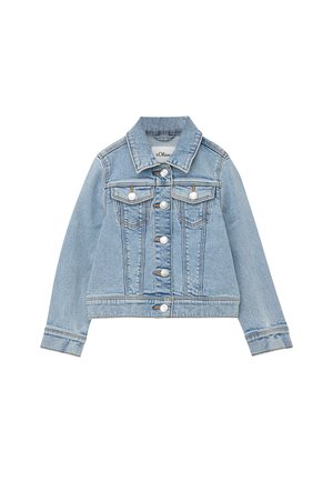 Lichtblauwe spijkerjasje met zilveren knopen, twee borstzakken met kleppen en een klassieke kraag.