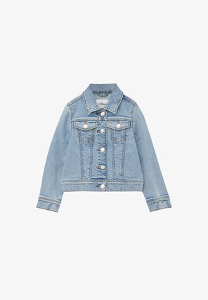 Lichtblauwe spijkerjasje met zilveren knopen, twee borstzakken met kleppen en een klassieke kraag.