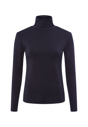 Navy long-sleeve turtleneck top made of smooth fabric, featuring a fitted design and a high collar with no additional patterns or embellishments.