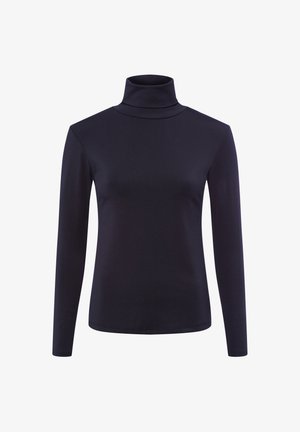 Navy-blaues Langarm-Turtleneck-Oberteil aus glattem Stoff, mit einer taillierten Passform und einem hohen Kragen ohne zusätzliche Muster oder Verzierungen.