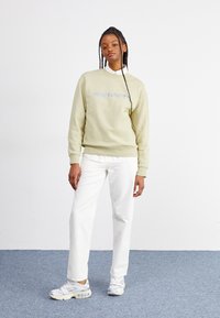 Svetle zelená mikina s logem "Carhartt" v modré barvě, spárovaná s bílými kalhotami a šedými sportovními botami. Model stojí na modrém koberci.