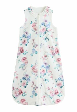 Sleeveless white baby sleeping bag with front zipper and pastel floral print in pink, blue, and purple shades.