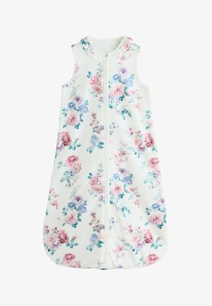 Ärmelloser weißer Babyschlafsack mit Frontreißverschluss und pastellfarbenem Blumenmuster in Rosa-, Blau- und Lilatönen.