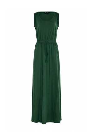 Ærmeløs mørkegrøn maxikjole med rund halsudskæring og elastik i taljen med matchende snor.