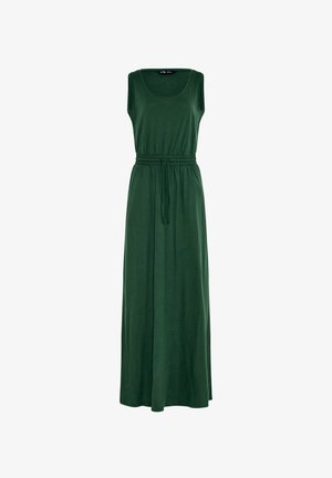 Vestido maxi sin mangas de color verde oscuro con cuello redondo y cintura elástica con un lazo a juego.