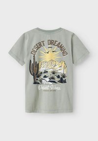 Jasnozielona bawełniana koszulka z graficznym nadrukiem pustynnego krajobrazu, kaktusów, słońca oraz napisem "DESERT DREAMING" z textem "Desert Vibes" poniżej.