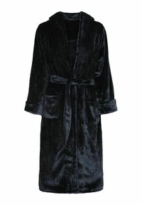 Peignoir de bain noir en velours, fabriqué en tissu doux. Il présente un col châle, une taille ceinturée et deux poches avant. Manches longues. Sans motifs.
