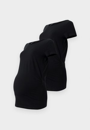 Black maternity t-shirts made of soft cotton, featuring short sleeves and side ruching for a fitted look over the bump. Two included.