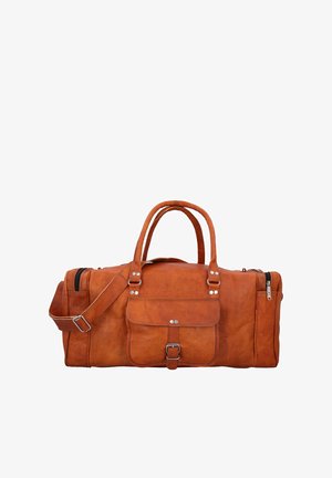 Braune Leder-Reisetasche mit doppelten Griffen, abnehmbarem Schulterriemen, Fronttasche mit Klappe und doppeltem Reißverschluss oben.