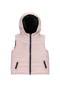 Pikowana kamizelka w jasnoróżowym kolorze z kapturem wykończonym na czarno, zapinana na zamek z przodu, z dwiema bocznymi kieszeniami na zamek. Posiada ukośne wzory pikowania.