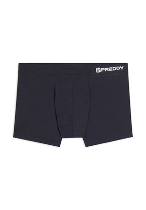 Bóxers para hombre en azul marino oscuro, hechos de tela suave, con una bolsa frontal y una cinturilla elástica con marca. Diseño simple y moderno.