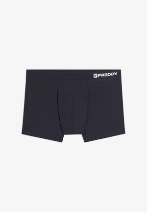 Boxers pour hommes en bleu marine foncé, confectionnés dans un tissu doux, dotés d'une poche avant et d'une ceinture élastique avec logo. Design simple et moderne.