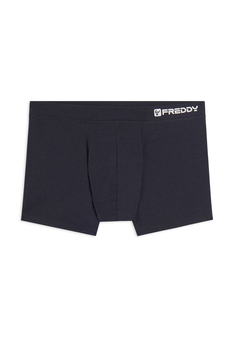 Boxer da uomo in blu navy scuro, realizzati in tessuto morbido, con un frontale a sacchetto e coulisse elastica con logo. Design semplice e moderno.