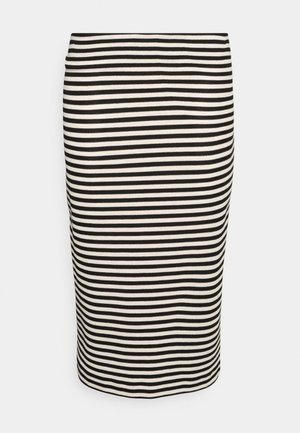 Sort-hvid, vandret stribet knælængde penalnederdel med en tætsiddende silhuet på en lys baggrund.