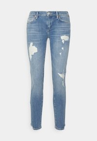 Niebieskie zniszczone dżinsy z dziurami z przodu, slim fit, wykonane z denimu, z klasycznym pięciopocketowym wzorem i zapięciem na guzik.