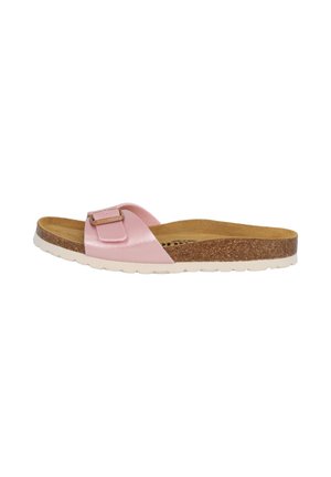 Roze schuifslippers met een glad synthetisch bovenwerk, verstelbare band en kurken voetbed. Witte textuur rubberen zool voor grip.