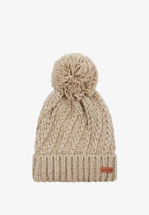 Strickmütze in hellbeige mit strukturiertem Zopfmuster, verziert mit einem flauschigen Pom-Pom. Mit einem gerippten Bündchen und einem kleinen Markenetikett.