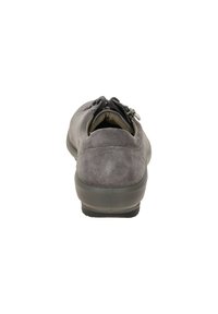 Gray suede shoe with a rounded heel, mesh lining, and lace-up closure. Features a smooth rubber sole and a subtle, textured surface.
