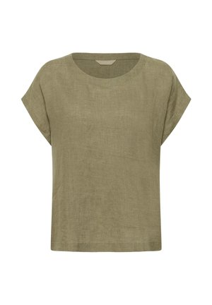 Weit geschnittene Bluse aus olivgrünem Leinen mit kurzen Ärmeln, rundem Ausschnitt und einfachem Saum vor weißem Hintergrund.