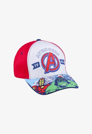Rote und graue Cap mit einer strukturierten Vorderseite und flachem Schirm. Zeigt das Avengers-Logo und Charaktergrafiken, darunter Hulk und Iron Man.