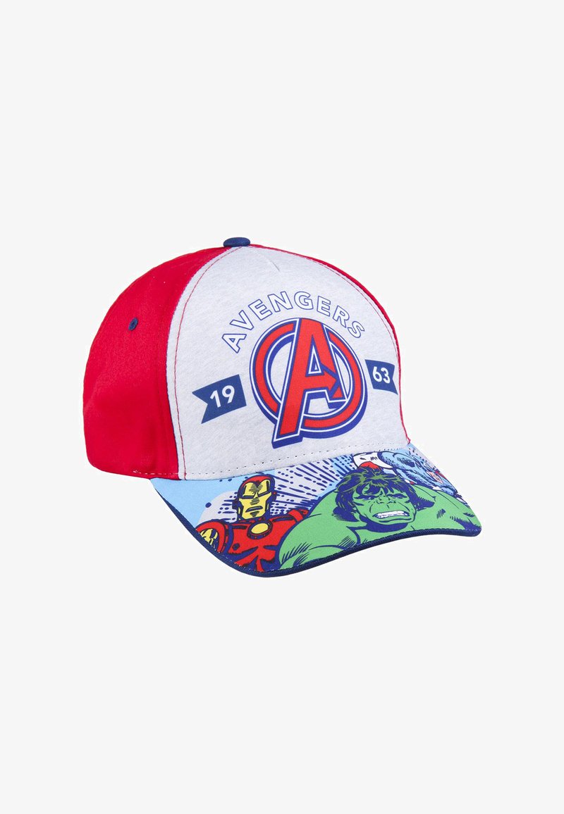 Rote und graue Cap mit einer strukturierten Vorderseite und flachem Schirm. Zeigt das Avengers-Logo und Charaktergrafiken, darunter Hulk und Iron Man.