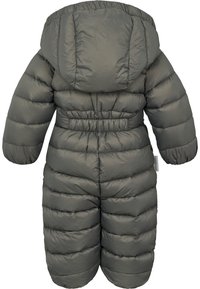 Grå puffer snowsuit med hette, med en quiltet tekstur og elastisk midje. Designet inkluderer brede, polstrede ermer og ingen synlige festemidler.