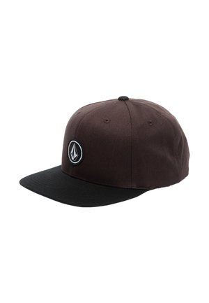 Casquette de baseball marron et noire à visière plate avec un logo géométrique rond noir et blanc sur le panneau avant.