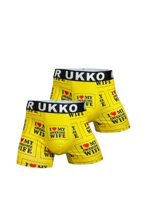 Herren-Boxershorts in leuchtendem Gelb, mit wiederholtem schwarzem Text in Kästchen, der "I LOVE MY AWESOME WIFE" lautet. Elastischer Bund mit Logo.