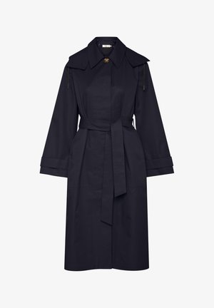 Námornícky trench coat s opaskom v páse, veľkým golierom, dlhými rukávmi a zapínaním na gombíky. Vyrobený z hladkej, ľahkej látky.