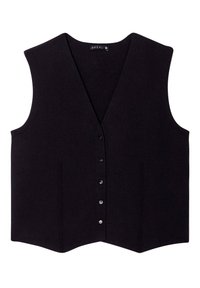 Gilet nero con scollo a v, chiusura frontale a cinque bottoni, due tasche frontali e una consistenza morbida. Presenta un orlo che si incurva verso l'alto ai lati.