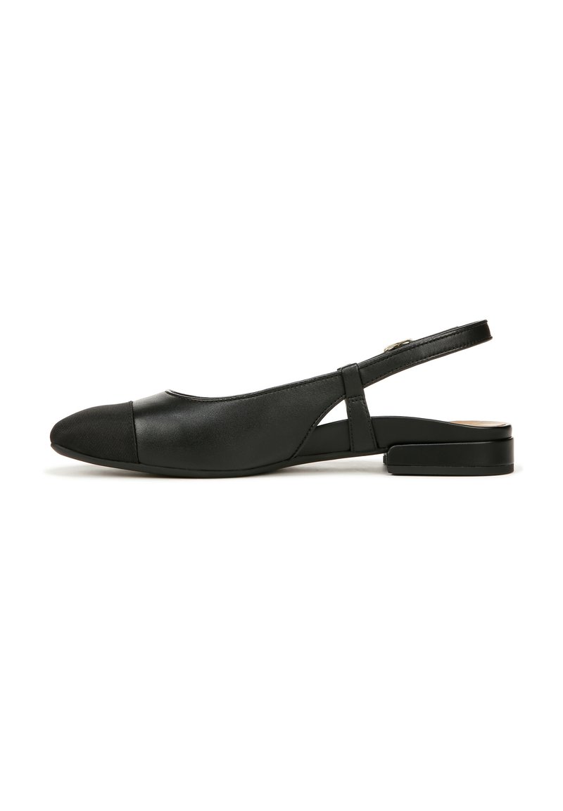 Black slingback shoe made of smooth leather, featuring a rounded toe, flat heel, cut-out side details, and subtle contrast toe cap.