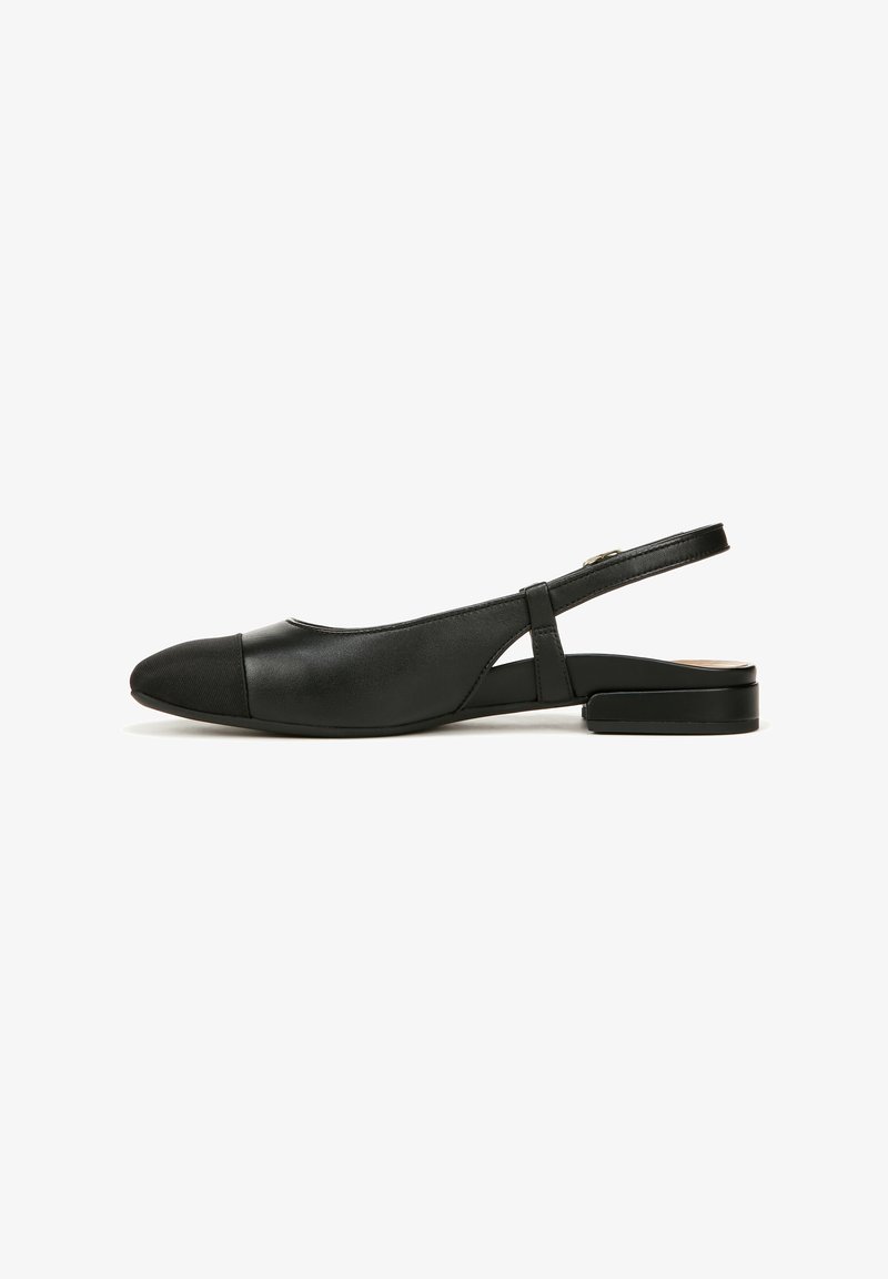 Black slingback shoe made of smooth leather, featuring a rounded toe, flat heel, cut-out side details, and subtle contrast toe cap.