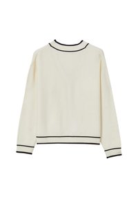 Maglione a maniche lunghe color crema con bordi neri su colletto, polsini e orlo, mostrato di spalle su uno sfondo bianco.