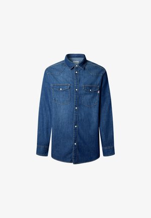 Denim overhemd in marineblauw met knoopsluiting aan de voorkant, puntige kraag, twee borstzakken en contrasterende stiksels. Langsleeves ontwerp.