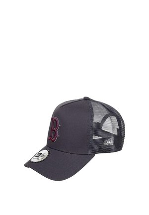 Black cap with a dark red embroidered "B" logo, structured front, mesh back, and a curved brim. Features New Era tag on the side.