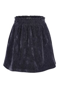 Donkergrijze, korte rok van zacht, textuurstof met een elastische tailleband en een geplooid ontwerp.