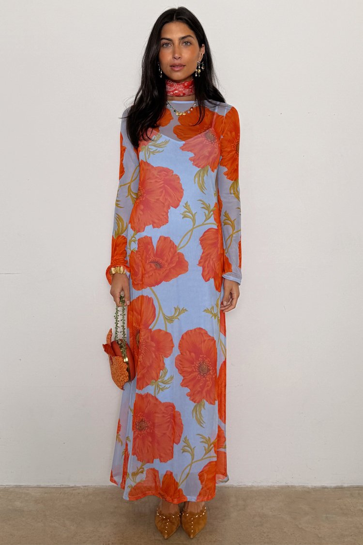blue dress with red poppies Audrey Midi Dress