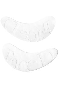White, curved gel patches with embossed text reading "Face D." Smooth texture, designed for application around the eye area.