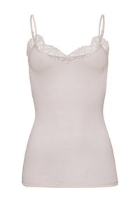 Light beige ribbed camisole with adjustable spaghetti straps and a lace trim along the neckline. Soft texture, form-fitting design.