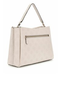 Lichtroze handtas van gestructureerd synthetisch materiaal, met een voorzak met rits, gouden hardware en een gestructureerd ontwerp met dubbele handvaten.