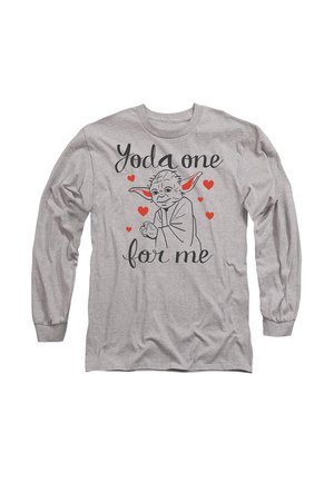 Long-sleeve gray t-shirt featuring a graphic of a cartoon character with large ears, surrounded by red hearts, and the text "Yoda one for me."