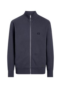 Mörkblå zip-up sweatshirt med hög krage, ribbad mudd och nederkant, strukturerad tyg och en liten logotypapplikation på vänster bröst.