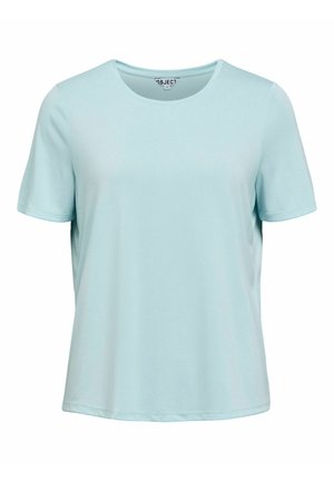 T-shirt bleu clair à manches courtes et col rond, coupe décontractée, en tissu lisse avec une petite étiquette de marque visible à l'intérieur du col.