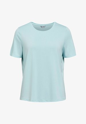 T-shirt bleu clair à manches courtes et col rond, coupe décontractée, en tissu lisse avec une petite étiquette de marque visible à l'intérieur du col.