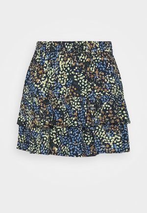 Bloemenlaagjesrok met een smock taille, met een marineblauwe basis en kleurrijke patronen van blauwe, groene en bruine bloemen. Lichtgewicht stof.