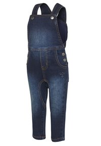 Salopette in denim blu scuro, con spalline regolabili, bottoni laterali e due tasche frontali con un sottile dettaglio ricamato.