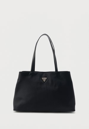 Sac cabas rectangulaire noir avec deux bandoulières et un petit logo triangulaire Guess centré près du haut.