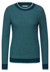 Pull en maille teal avec un motif texturé, des poignets et un col côtelés, présentant des accents bleu clair le long des bords. Coupe régulière.
